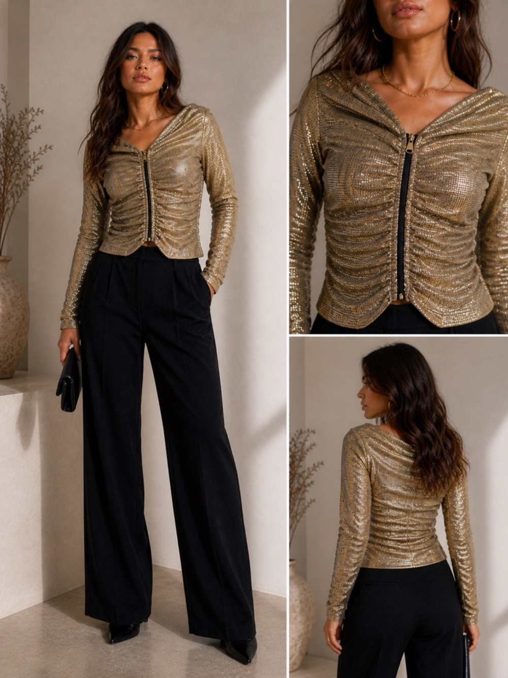 Gold Sequin Ruched Zip-Front Top